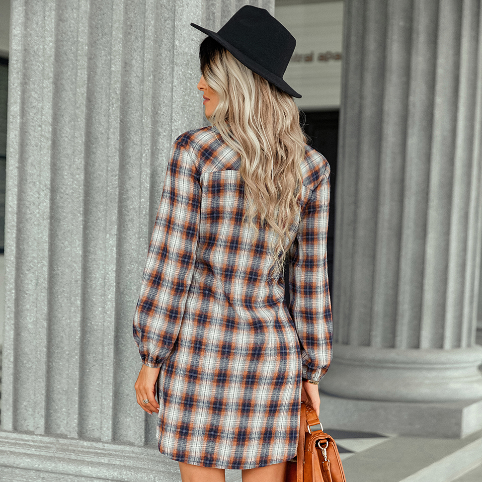 Women Plaid Casual Dresses Long Sleeve Tie Front Button Down V Neck Shirt Dress