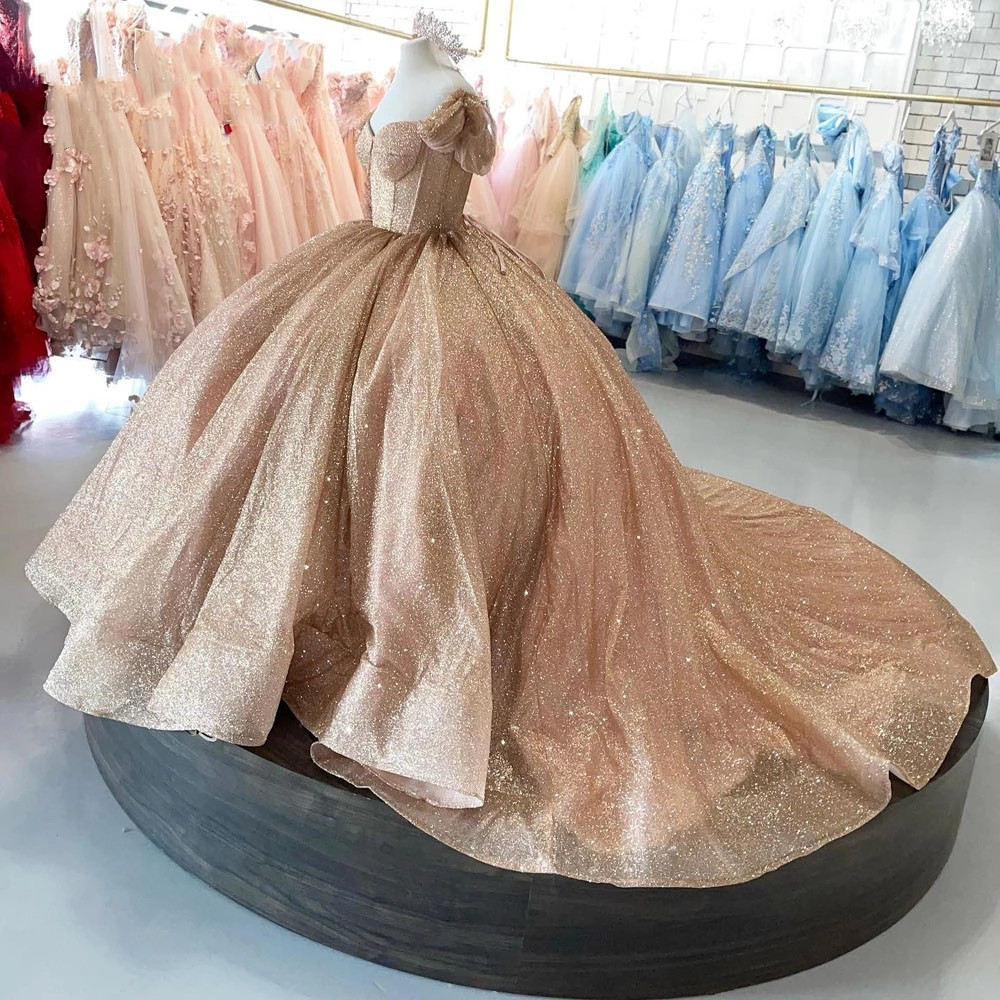 Rose Rose Quinceanera robes fête Gillter Appliques perles magnifique à lacets Corset bal Sweety Pageant robes De 15 Anos