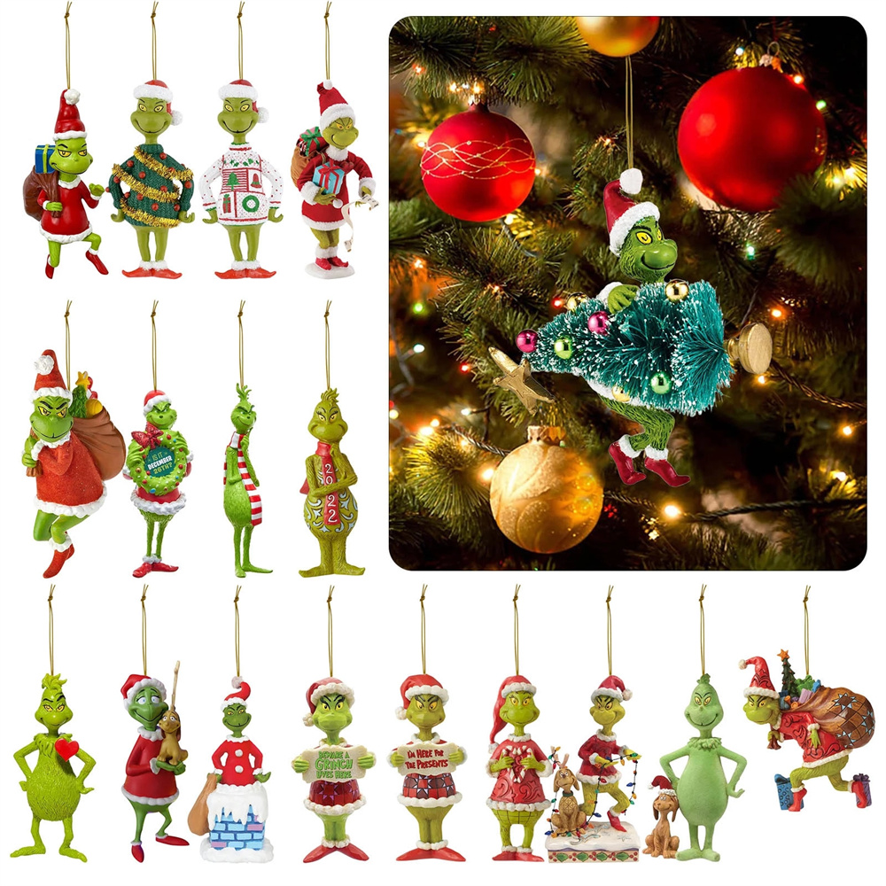 Green Hair Monster Pendant Christmas Tree Flat Hanging Ornament Xmas Party Decor For Bedroom Living Room Outdoor Car Interior Decorations New Year Gifts For Kids