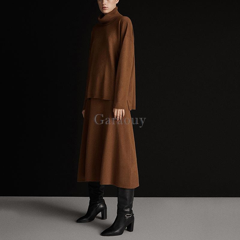 Robe de deux pièces Garaouy automne hiver femmes solide col roulé pull pull ample taille haute jupe midi femme tricot pull hauts bas 221115