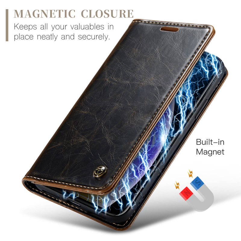 ケースメ閉鎖iPhone用の革張りの財布ケース15 14 Pro Max Plus 13 12 11 X XS XR 8 7 6クレイジーホースビジネスホルダーフリップカバー磁気クレジットIDカードスロットポーチ