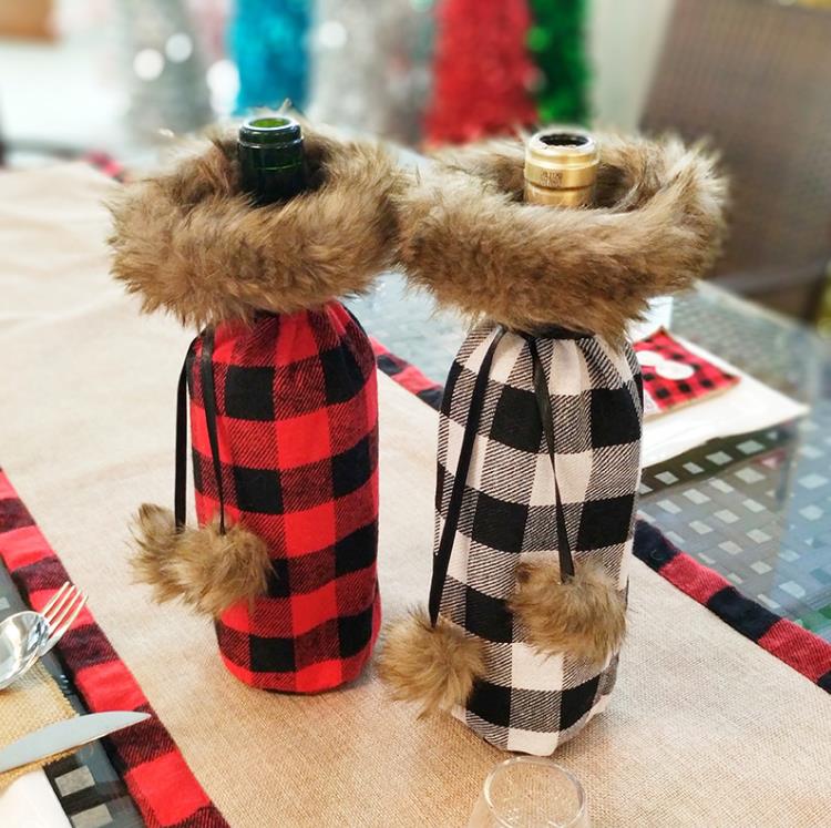 Copri bottiglia di vino scozzese di bufalo decorativo polsino in pelliccia sintetica maglione porta bottiglia di vino sacchetti regalo ornamento feste SN219