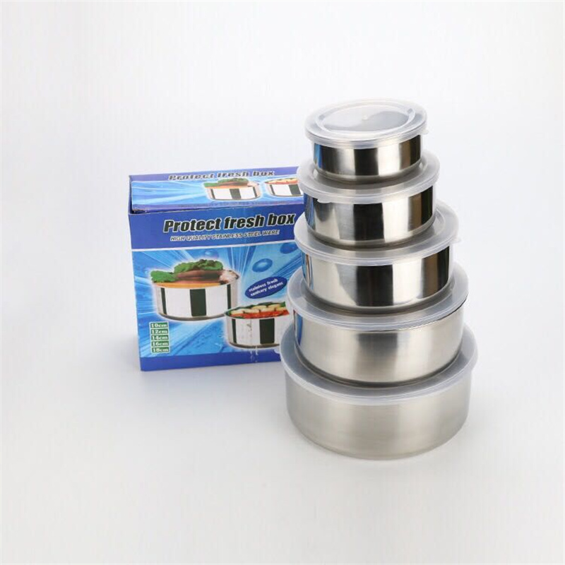 Stainless Steel Food Storage Container Silver Fresh-keeping Boxes With Clear Plastic Lids 10cm 12cm 14cm 16cm 18cm