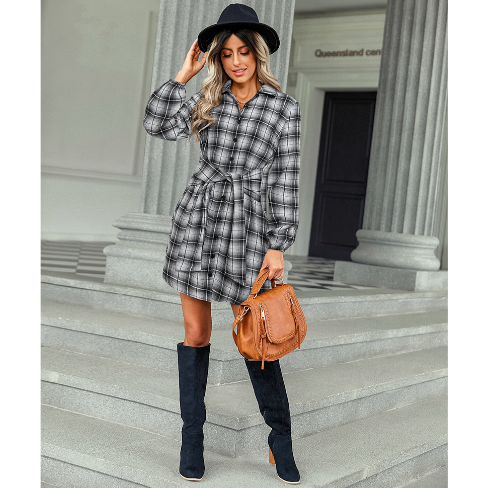 Women Plaid Casual Dresses Long Sleeve Tie Front Button Down V Neck Shirt Dress