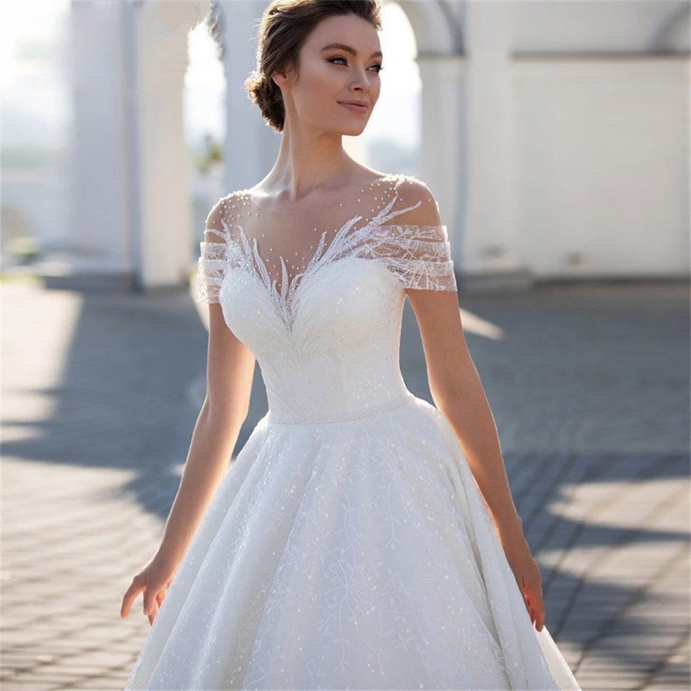 Robe de mariée romantique à manches courtes, en Tulle et paillettes, effet d'illusion de perles, col Bateau, sur mesure, 2022