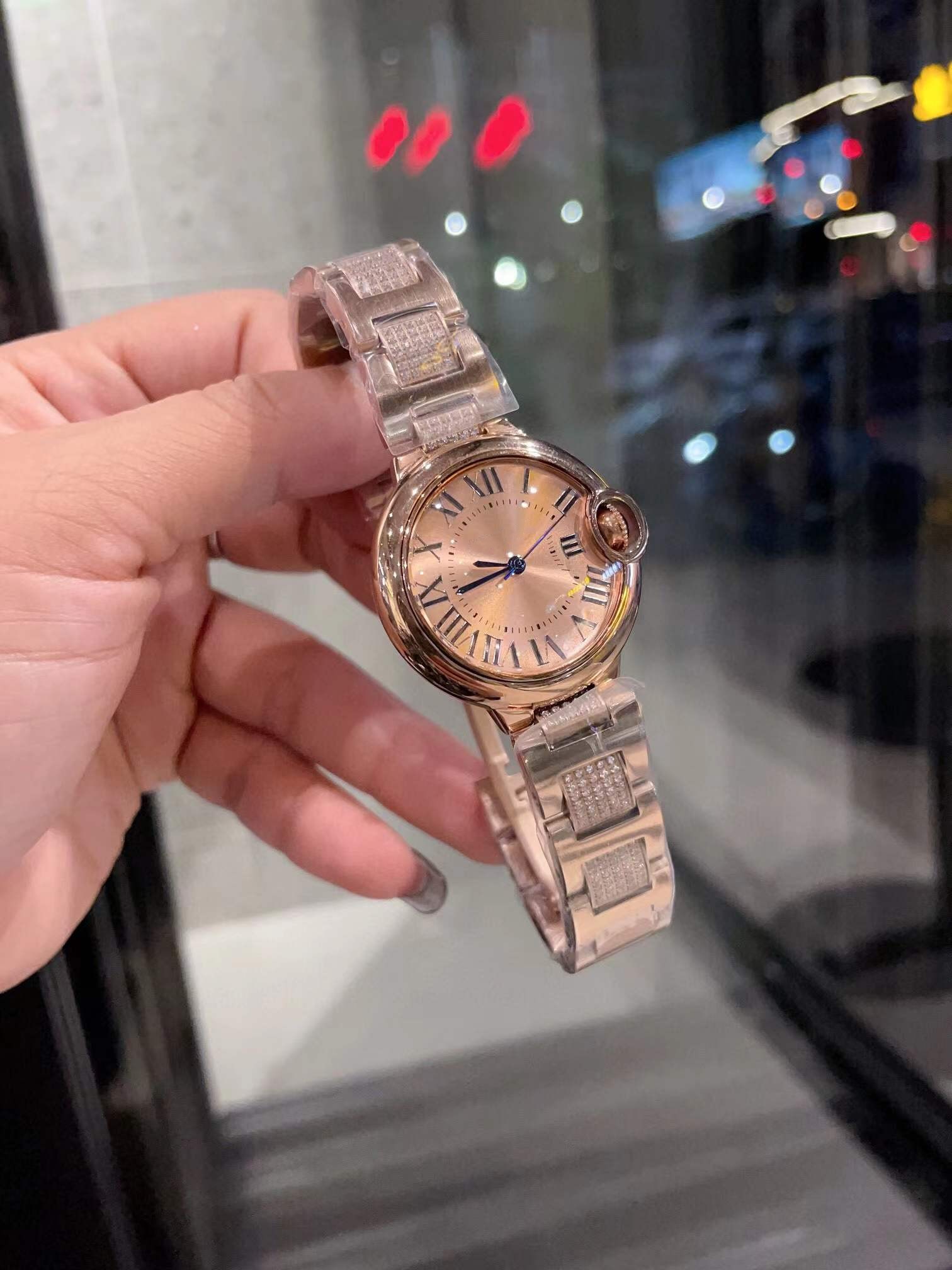 33mm New Women Geometric Roman Number Watches Rose Diamond Quartz Watch Stainless Steel Zircon Strap Wristwatch Female Clock