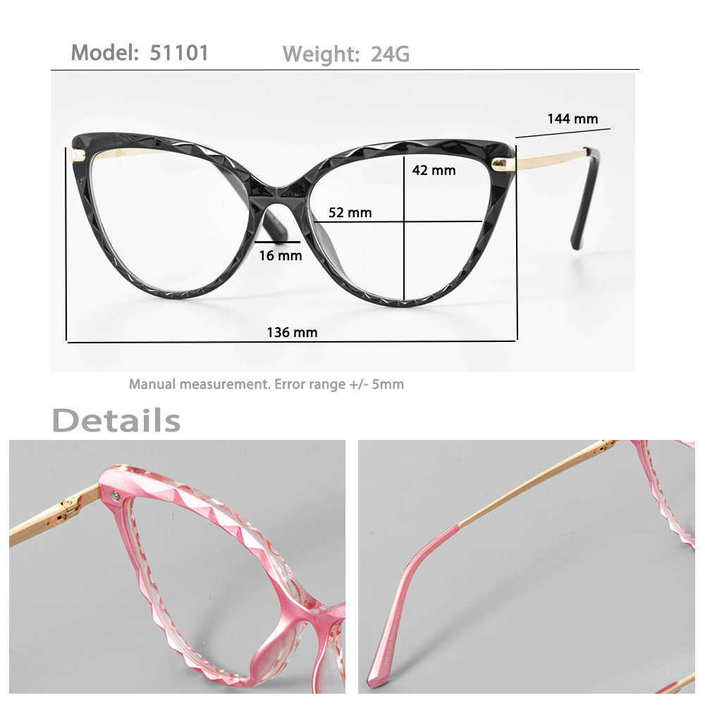 Monturas de gafas de sol 51101 Monturas de gafas de ojo de gato Patrón de cuadrícula de diamante Ultraligero Mujeres Gafas de computadora de moda óptica T2201114