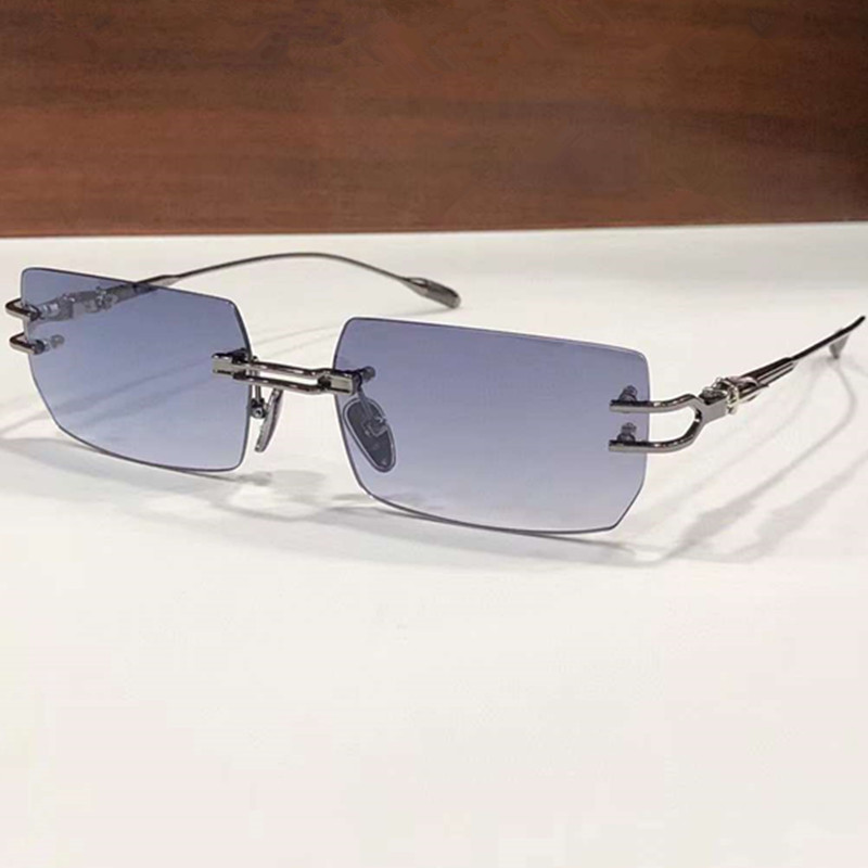 Moda Retro-Vintage Titanio Grandes gafas de sol sin montura UV400 HD Lente gradiente Ligero Hueco Tallado Desig 58-17-150 Gafas punk estuche de diseño completo