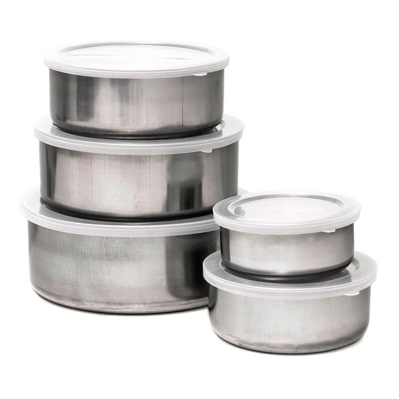 5 teile/satz Edelstahl Lebensmittel Lagerung Container Silber Frischhalten Boxen Mit Klaren Kunststoff Deckel 10 cm 12 cm 14 cm 16 cm 18 cm