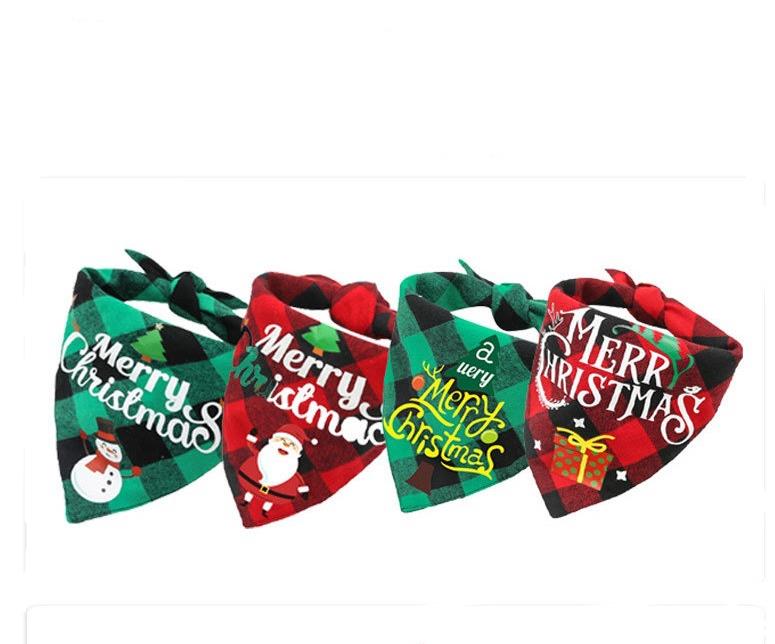Abbigliamento cani Natale Classico scozzese Pet Bandana Sciarpa Bavaglini Fazzoletto Merry XMAS Babbo Natale Pupazzo di neve Stampa Animali Cotone Rosso Verde Decorazioni natalizie SN204