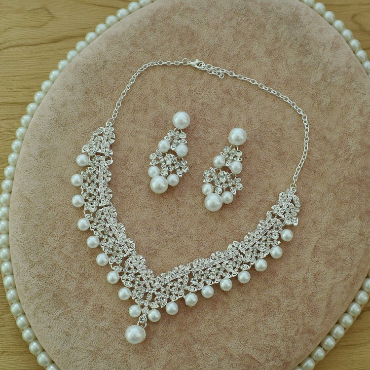 Светниковые свадебные наборы Sparkle Spirling Silver Pearl Ожерелье+Серьги с бусинками Bling Bridal аксессуары