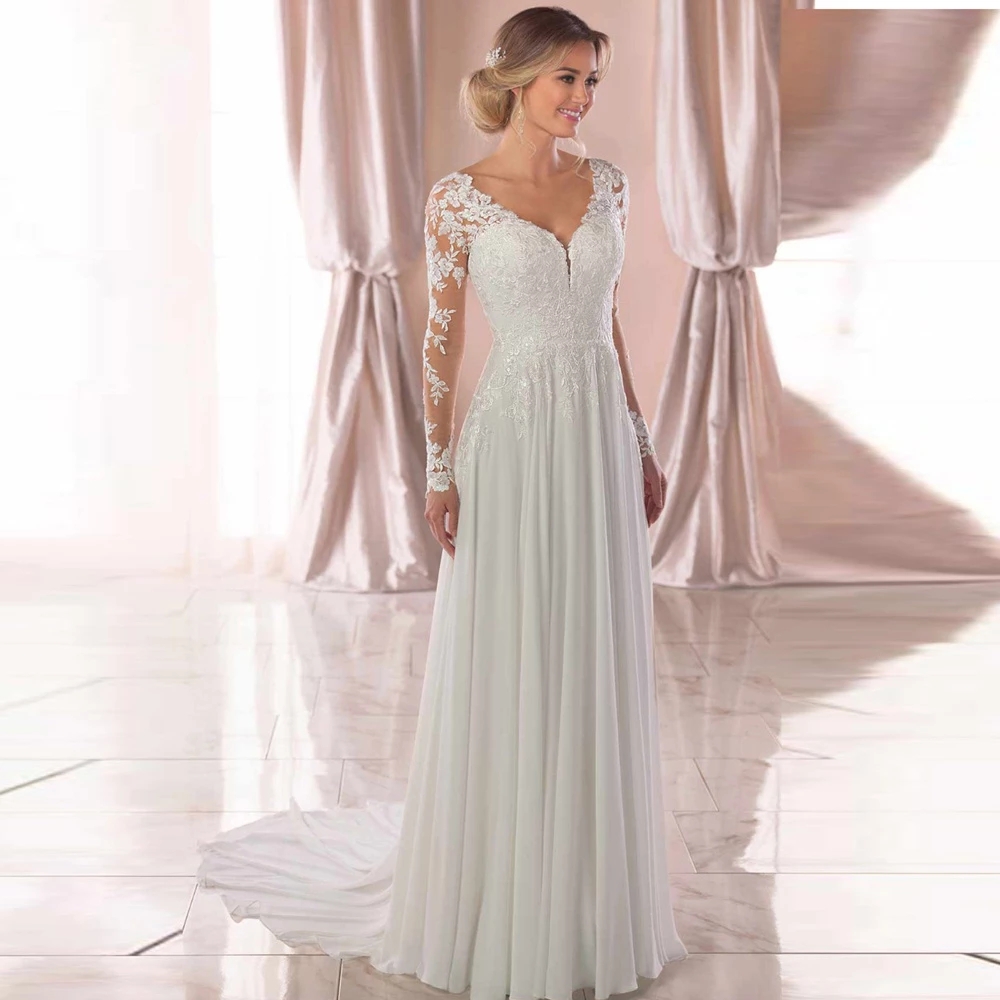 Robe De mariée blanche, col en V, manches longues, dos nu, pour fête De mariage, pays, ligne a