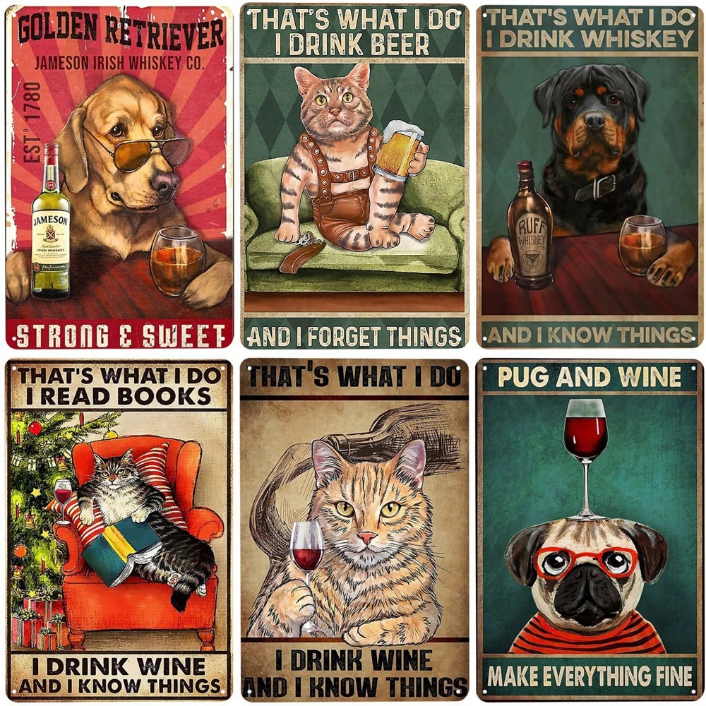 Koty i wina malowanie metalowe pies i piwo dekoracja ścienna do baru domowego Klub Niech wieczór be-gin tin plakat zabawny talerz 20cmx30cm Woo