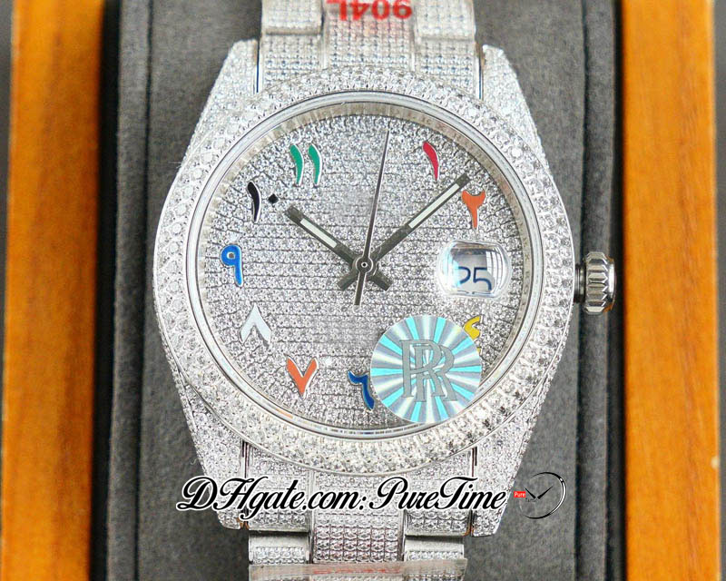 RF 126333 ETA A2824 Orologio da uomo automatico 40mm Cassa con diamanti Colori Quadrante con scritta araba Pavé di diamanti Completamente ghiacciato Bracciale in acciaio 904L Orologi Puretime C07E5