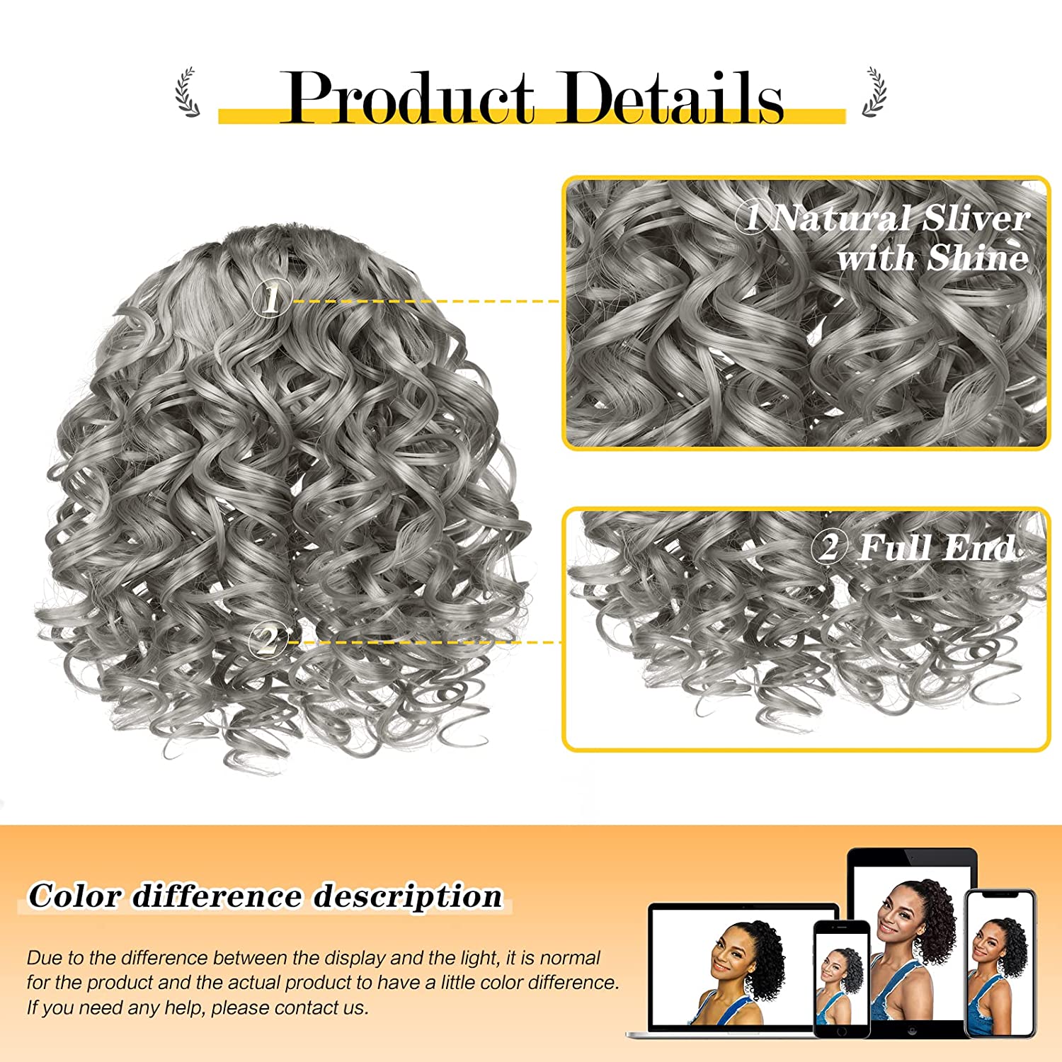 Gray Ponytail human Extension silver grey kinky curly hair Drawstring Ponytails for Black Women Curl Drawstring Pony tail 8 Inch puff bun chignon girl kids