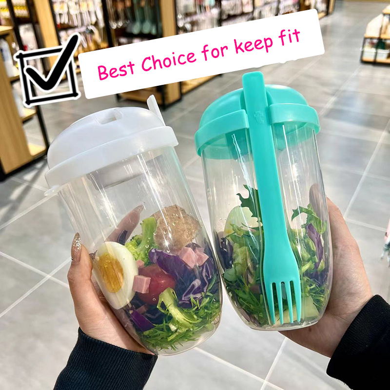 Plastic Salad Cups with Lids For Lunch Carry To Go Bottle-Shaped Salads Container with Fork Sauce Cup