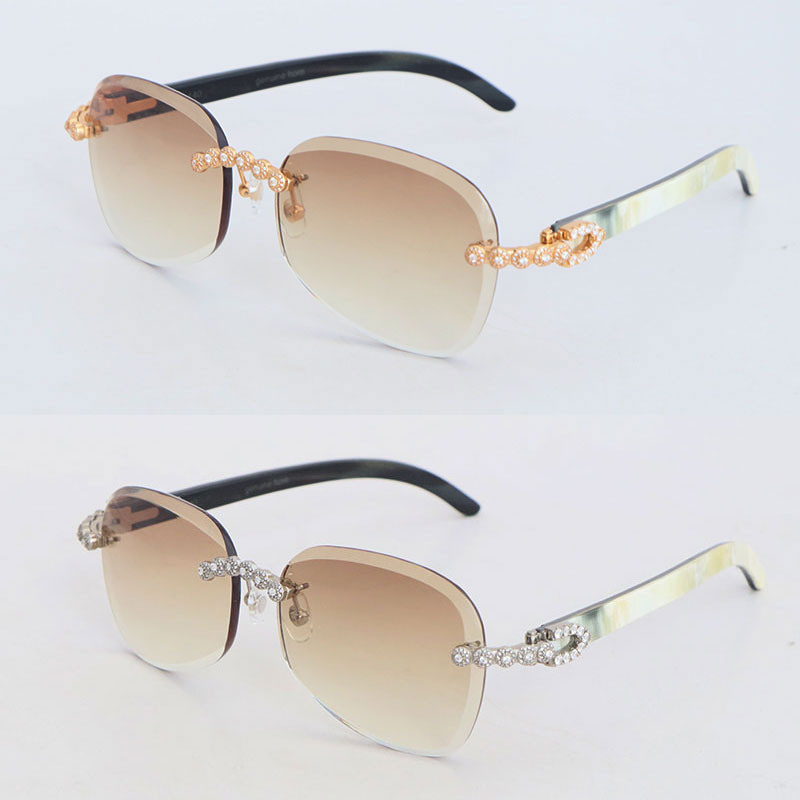 Luxury Moissanite Diamond Set Rimless Sunglasses Womans Original White Inside Black Buffalo Horn Men glasses 3524012 Design Classi247R
