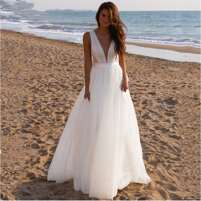 Beach Tulle Abito da sposa con scollo a V le donne Semplice avorio senza maniche A-line Boho Abito da sposa Backless 2022 Flowy vestido de novia