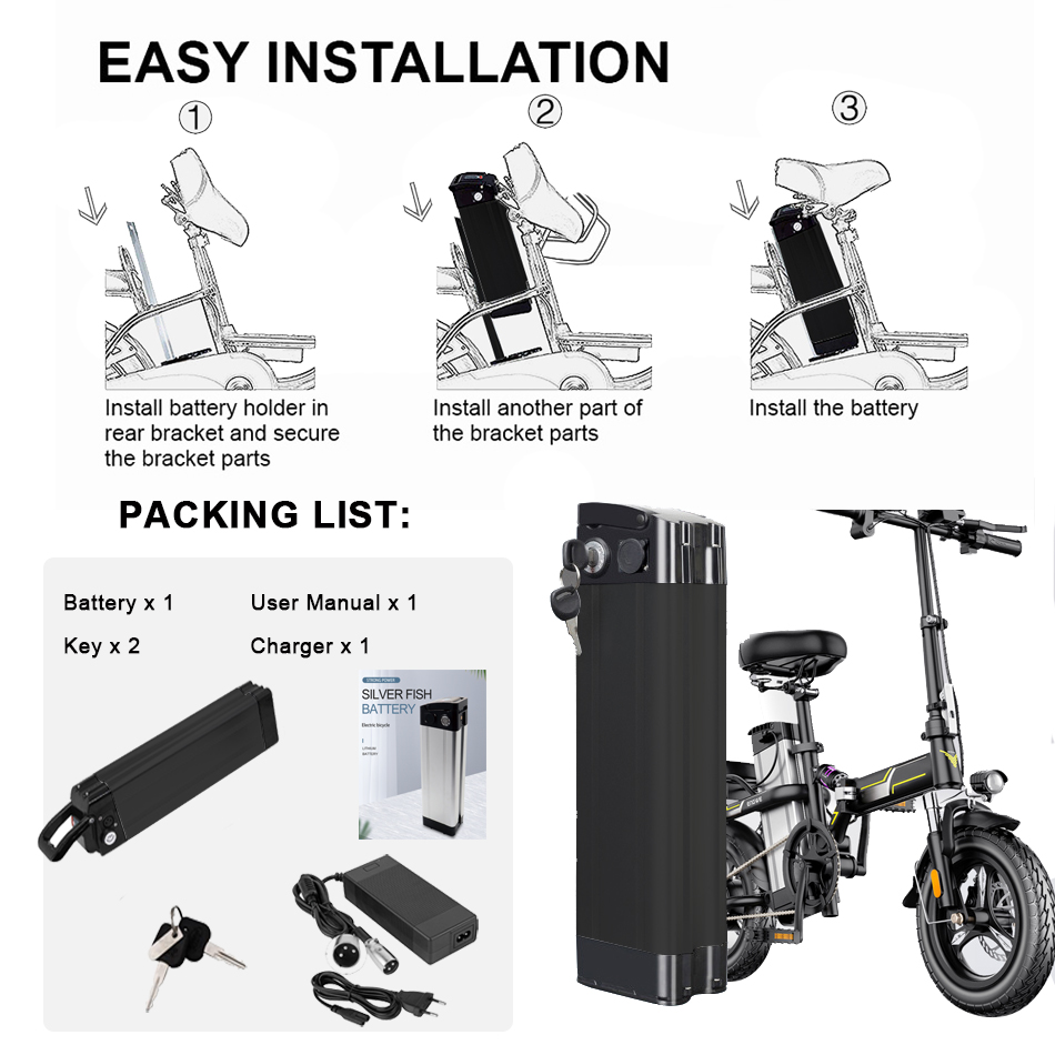 48V Electric Bicycle Battery 28Ah Silver Fish Ebike 18650 Lithium Batterier Pack för Electric City Bike