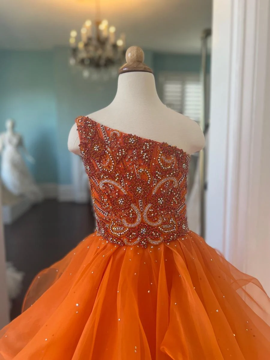 Periwinkle Girl Pageant Dress 2023 Crystals Ruffles Organza Ballgown Little Kids Birthday One Shoulder Formal Party Wear Gown Infant Toddler Teens Tiny Miss Orange