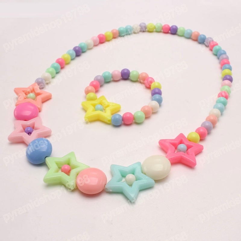 Mode coloré fleur/nœud papillon perles collier Bracelets à la main élastique enfants filles ensemble de bijoux pour cadeau de fête