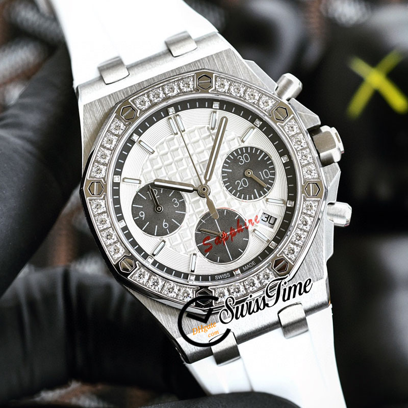 26231 37mm miyota Quartz Chronograph Ladies Watch Diamonds Bezel Textured Dial Black Subdial White Rubber Strap Womens Watches Stopwatch Swisstime E245B2
