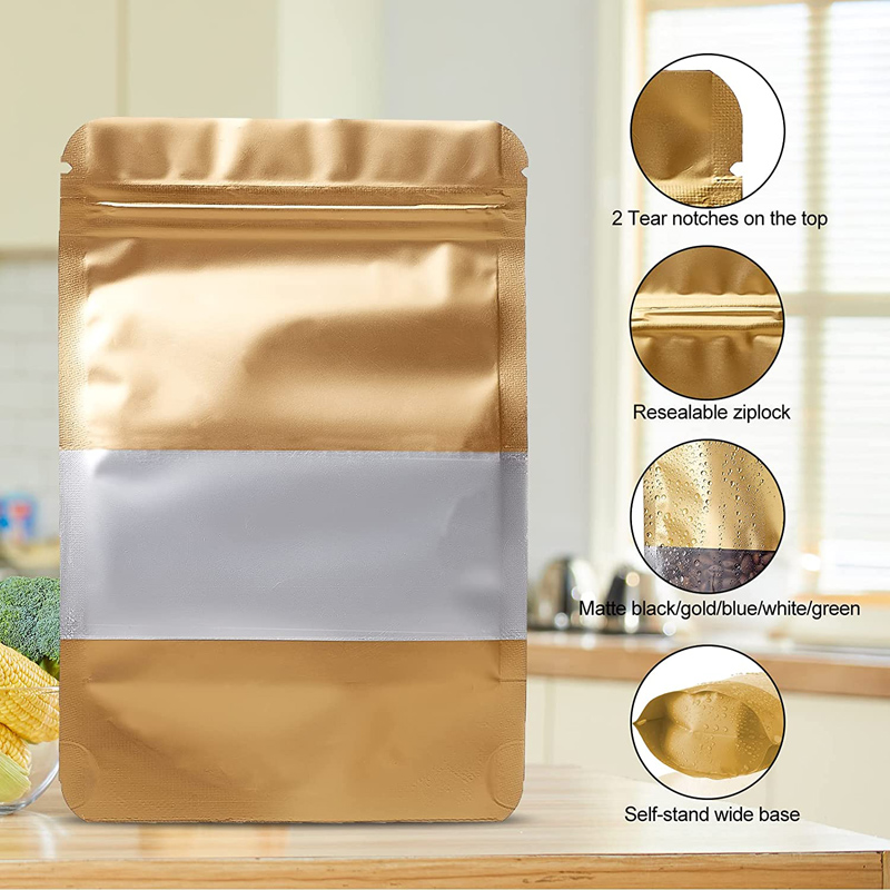 Gold Aluminum Foil Bag Reclosable Matte Standing Food Packaging Bag with Display Window Self-Sealed Plastic Zipper Bags LX5268