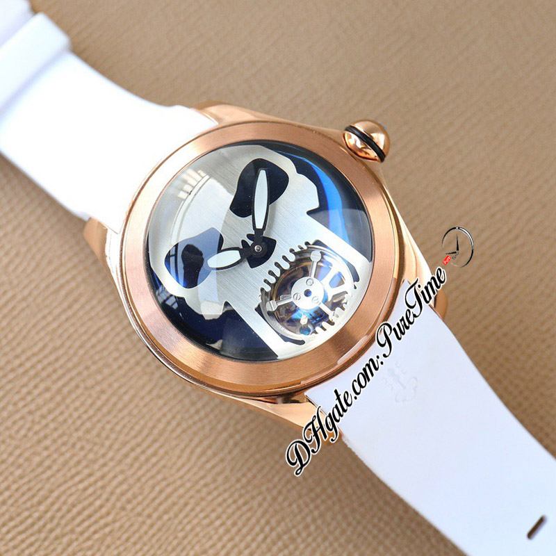 Bubble 46 A21J Automatisk herrklocka Rose Gold Black Skull Tourbillon Dial White Rubber Strap Watches Puretime E56A1