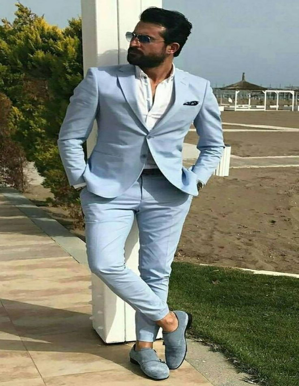 Fashion Light Blue Wedding Tuxedos For Suit 2022 Slim Two Pieces Satin Groom Evening Prom Wear Suits Shawl Lapel One Button groomsman Party Suits With Pant