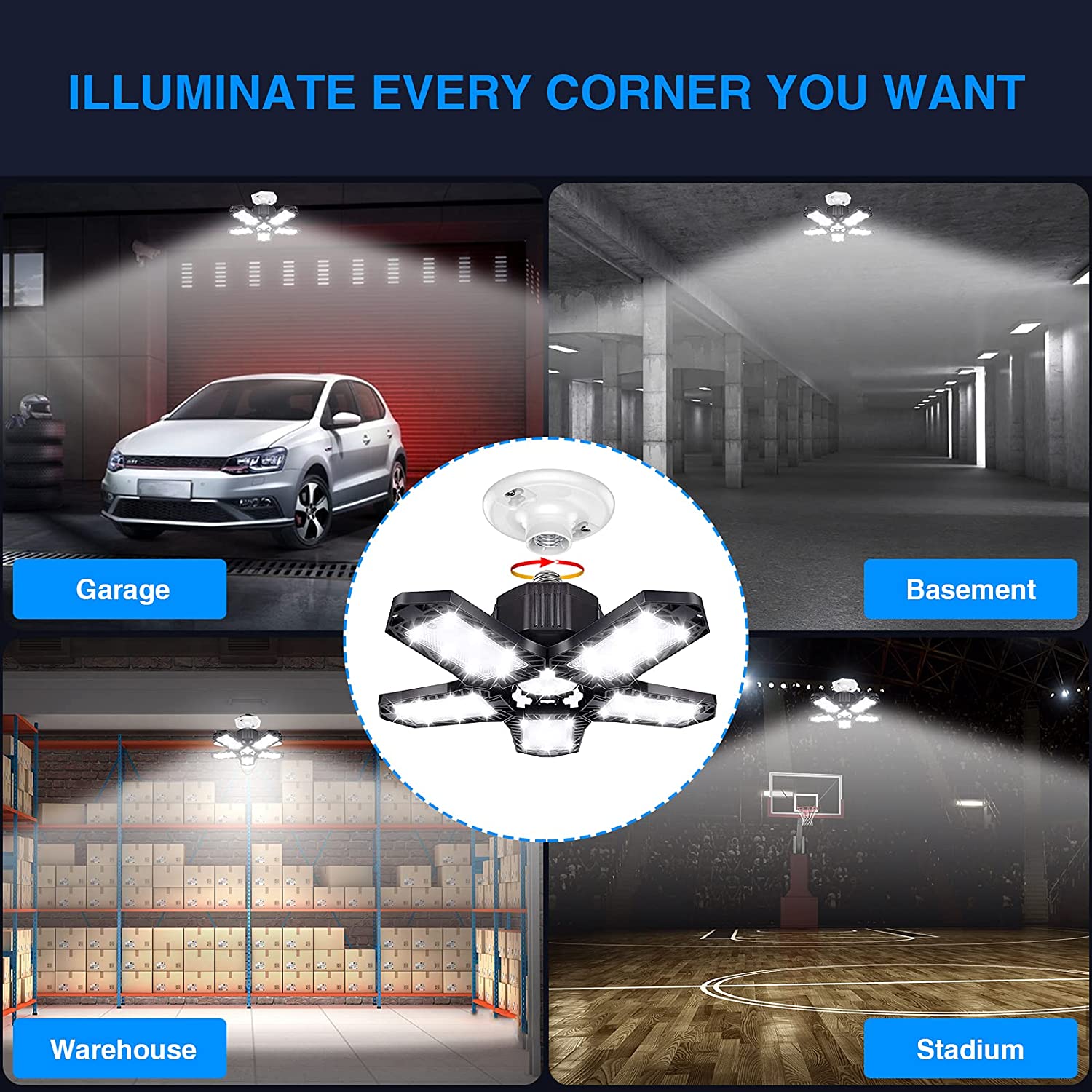 Luci da garage Officina Seminterrato High Bay Light 5 Pannelli deformabili Super Bright 6500 K Plafoniere Luci da negozio regolabili supporto fienile Attacco E26 o E27