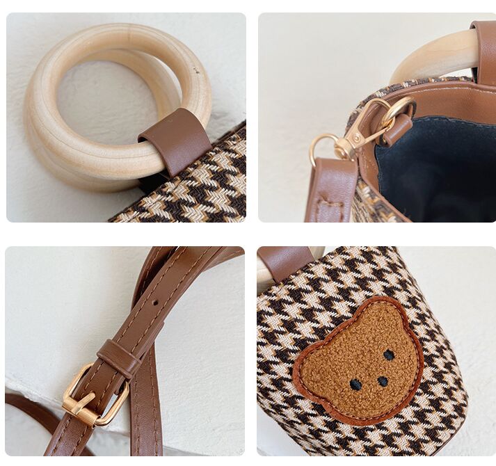 Flickor crossbody handväska mode baby mini check handväska söt björn barn ring väska