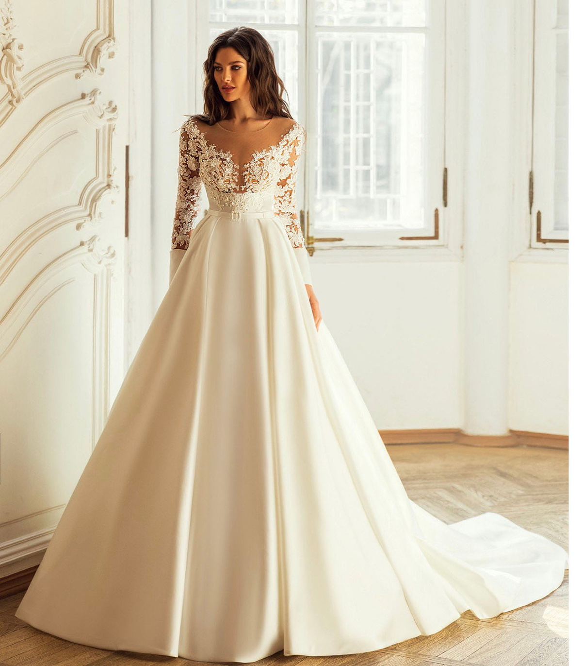 Elegant A-line Wedding Dresses Jewel Long Sleeves Belt Solid Color 3D Flower Applicant Stain Zipper Backless Court Gown Custom Made Plus Size Vestidos De Novia