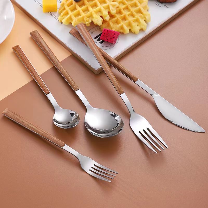 Retro Wooden Handle Flatware With Silver Mirror Polished Fork Spoon Knife Dessert Scoop for Chrismas Dinner