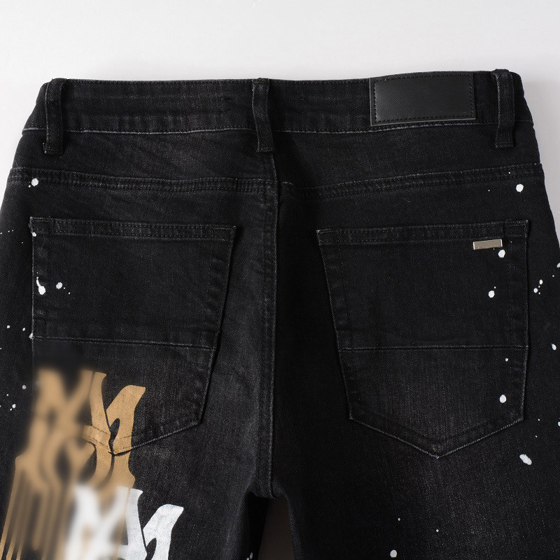 Мужские джинсы039s, окрашенные в красочные буквы, черные, узкие, потертые, до колена, мотоциклетные брюки, джинсовые, модные, Street9458310