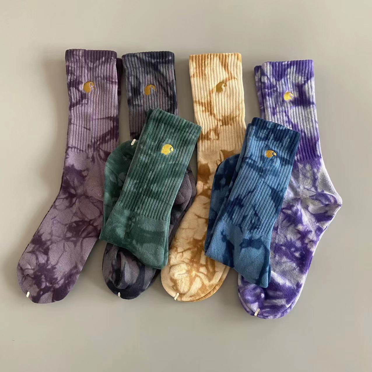 Socks Tie-Dyed Male and Female Middle Tube Sock Gold Label Embroidered Towel Bottom Large Size Sports Stockings
