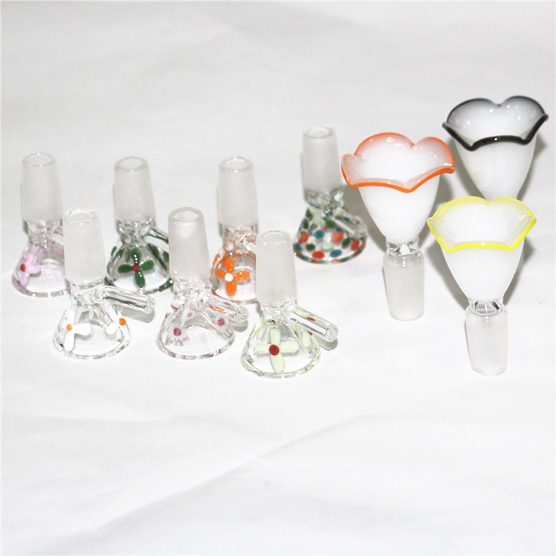 R￶kande glasblomma sk￥l med 14 mm hane r￶drosa lila bl￥ gul f￤rgglad tjock pyrex h￥rd bong sk￥lar f￶r vattenr￶r