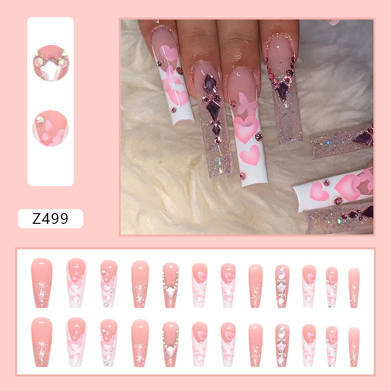 Ballet False Nails French Long Coffin Press On Nails Löstagbar Färgad nagelkonst med Rhinestones Glitter Designs Manicure