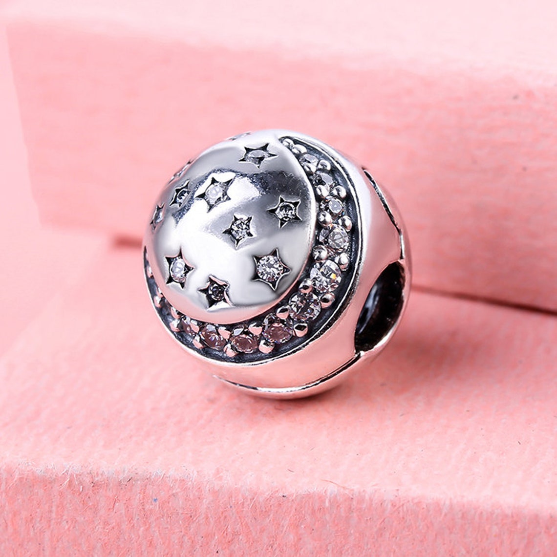 925 Sterling Silver Twinkling Night Pärla med Clear CZ -pärlor passar europeiska Pandora smycken charmarmband