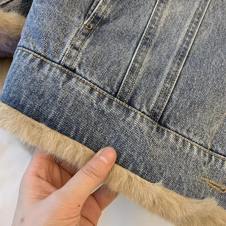 Vinter mode sammet tjock denim jacka kvinnor bomull sherpa lång ärm kort kappa avslappnad lapel blå