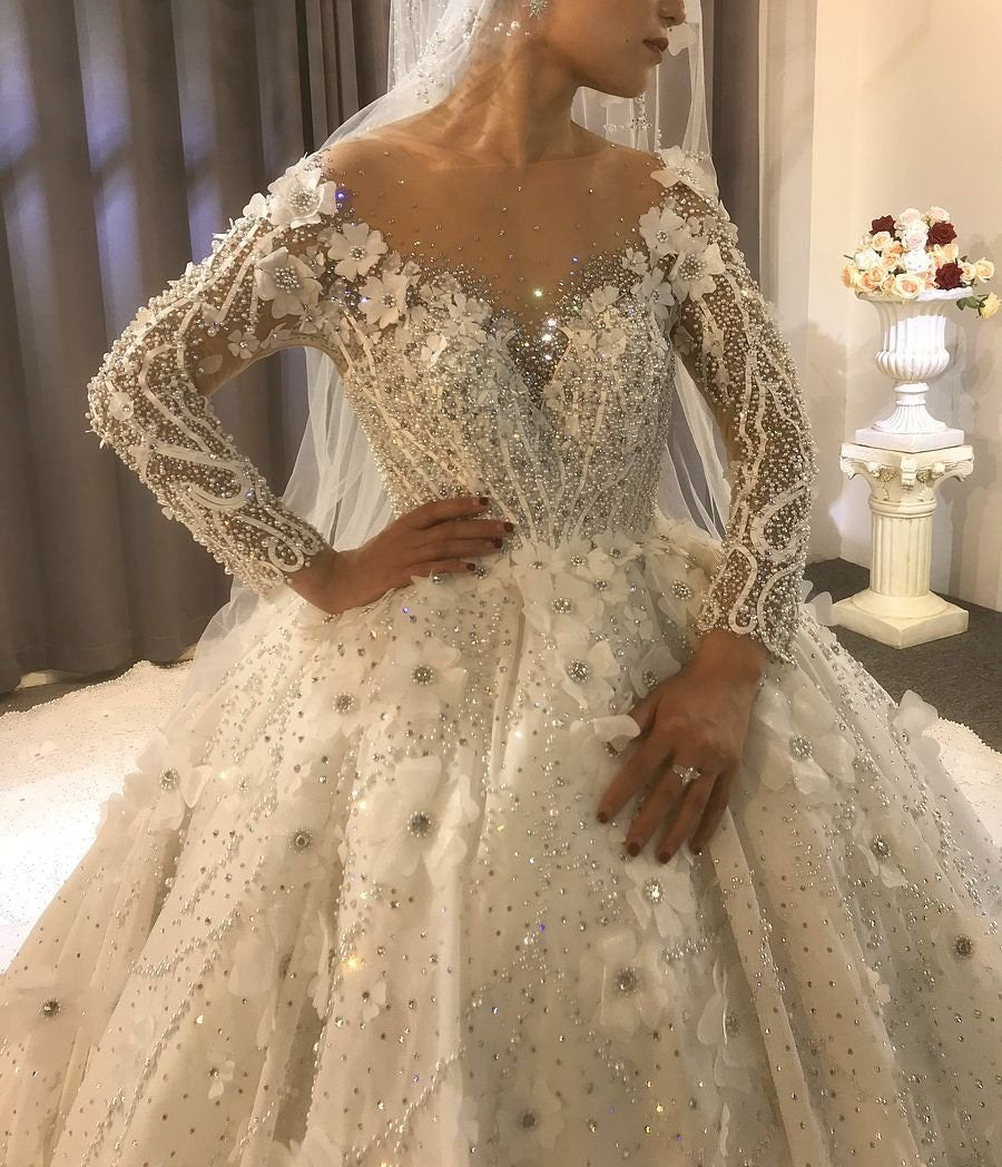 Abito da sposa con fiori 3D Arabia Saudita Abiti da sposa sexy a maniche lunghe con scollo a V trasparenti Abito da sposa romantico Robe De Mariee