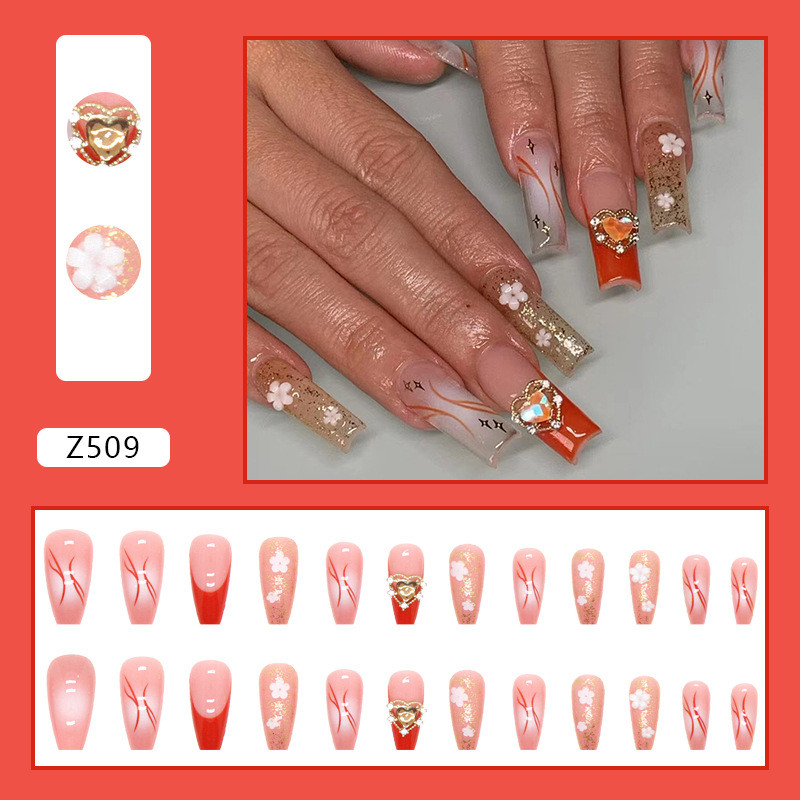 Press On Nails French Coffin Tips Detachable Finished False Nails Art With Rhinestones Glitter Designs Long Nail