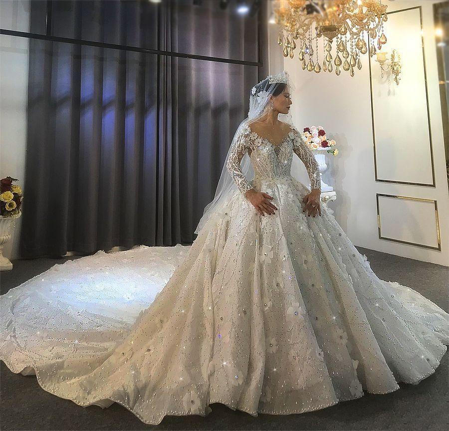 3D Flowers Wedding Dress Saudi Arabia Sexy Sheer V Neck Long Sleeve Bridal Gowns Romantic Bride Dress Robe De Mariee