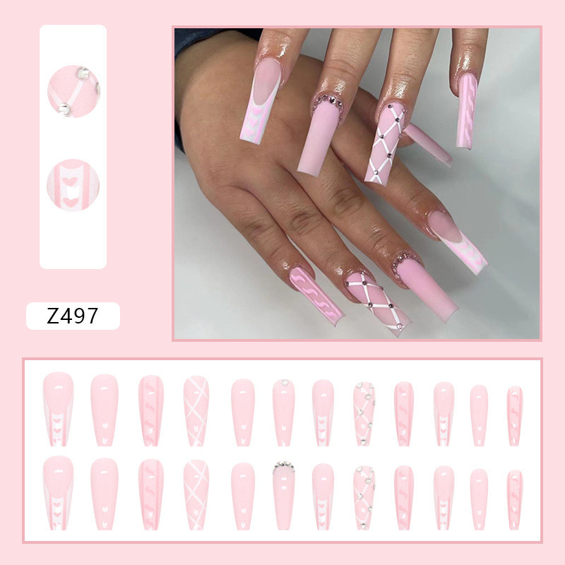 Press On Nails French Coffin Tips Detachable Finished False Nails Art With Rhinestones Glitter Designs Long Nail