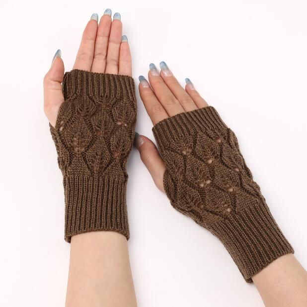 Gants tricotés en acrylique chauds demi-doigt, à la mode pour femmes, à motif de feuilles et de fleurs