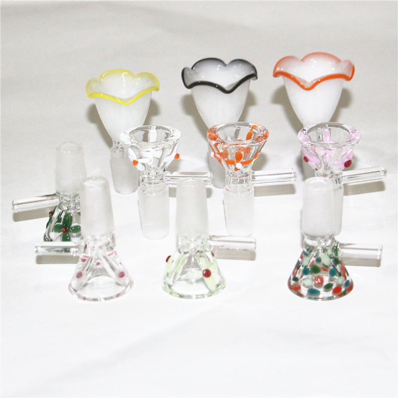 Hookah Flower Glass Bowl With Handle Colorful 14mm 18mm Bong Bowls Tobacco Bowl Piece Smoking Accessories For Glas Beaker Bongs