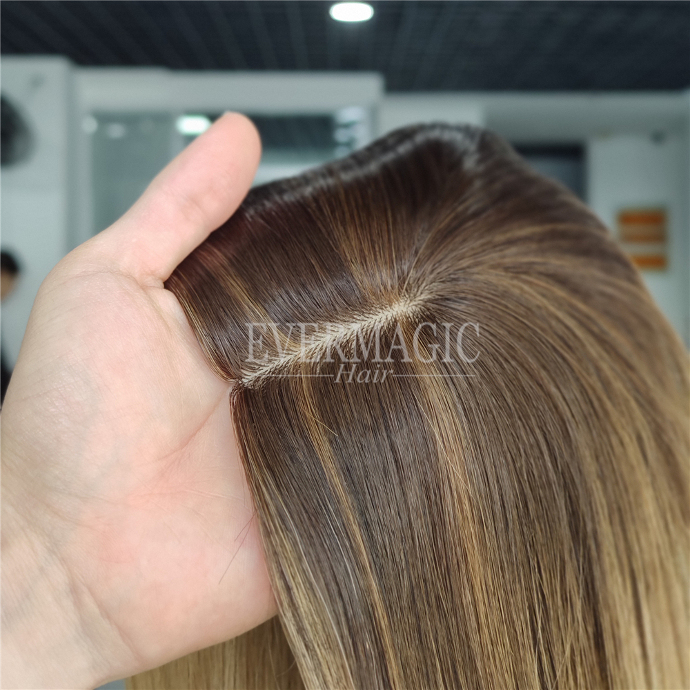 Balayage Light Brown Skin Top Toppers de cheveux humains Clips en morceaux pour la perte de cheveux des femmes