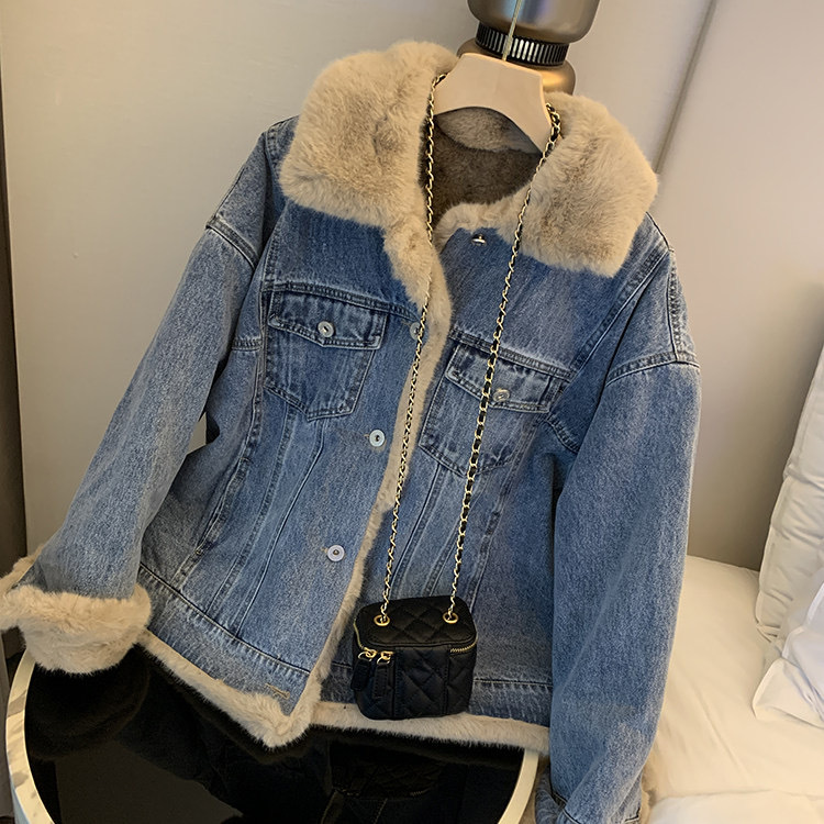 Giacca invernale in denim spesso velluto moda donna cotone sherpa Manica lunga Cappotto corto Risvolto casual blu