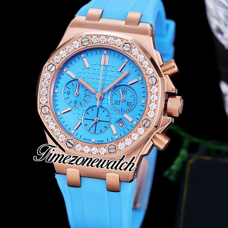 Neue 37mm 26231 Miyota Quarz Chronograph Damenuhr Rosa Textur Zifferblatt Stoppuhr Stahl Diamant Lünette Rosa Kautschukarmband Mode Damenuhren Timezoneweatch E241