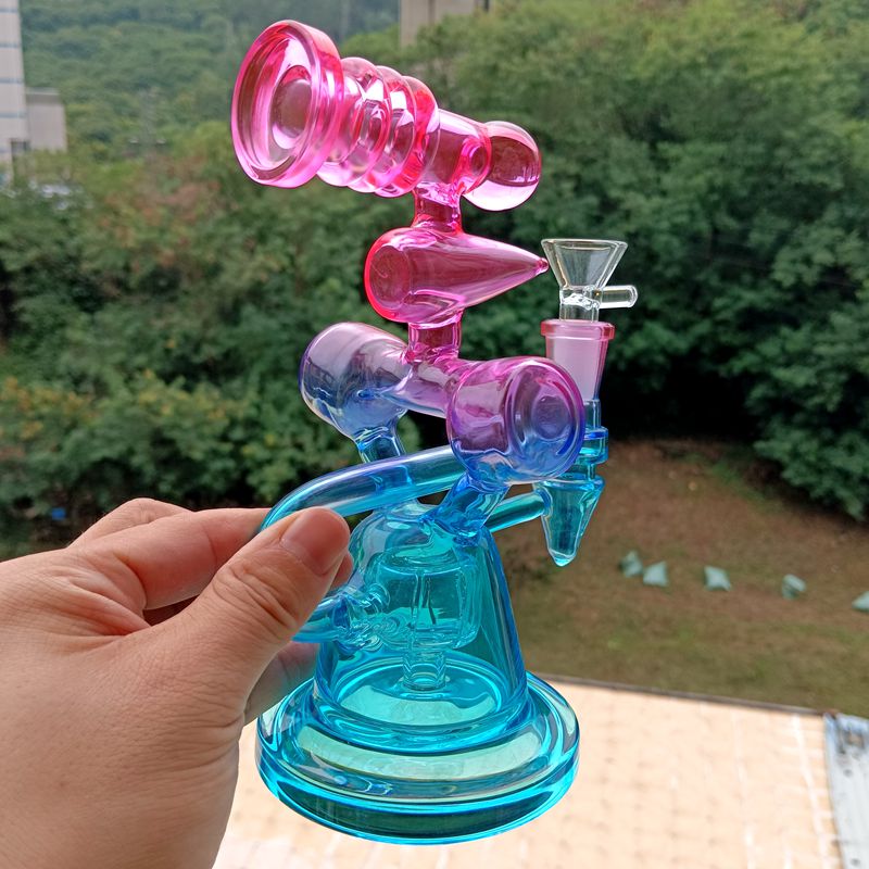 Metallische Regenbogenfarben-Glas-Bong-Wasserpfeifen, blau-rosa Ölbrenner, DAB-Rig-Recycler-Bubbler für Pfeife