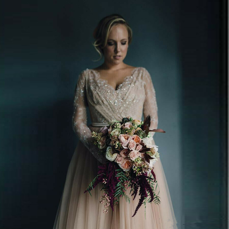 Blush Pink Beach Wedding Dresses Plus Size V Neck Vestido De Noiva Long Sleeves Sequins Zipper Tulle Bridal Gown Robe De Mariee